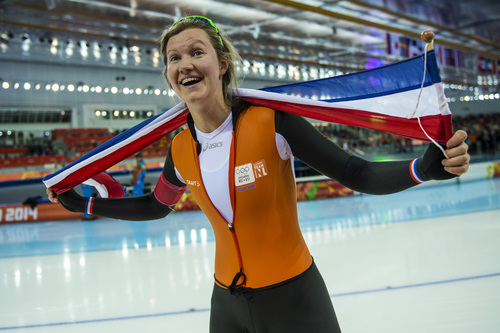SOCHI, RUSSIA  - JANUARY 16:
Dutch speedskater Lotte van Beek celebrates her bronze medal win after the women's 1,500 meter race at Adler Arena Skating Center during the 2014 Sochi Olympics Sunday February 16, 2014. Lotte van Beek finished with a time of 1:54.54.
(Photo by Chris Detrick/The Salt Lake Tribune)