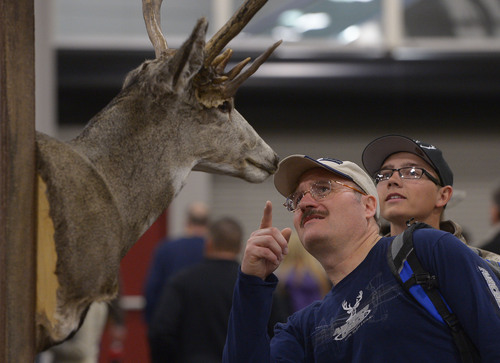 Leah Hogsten  |  The Salt Lake Tribune
Steve Newbold of Preston, Idaho, center, and hundreds of other people marvel at the Mule Deer with "cactus spikes" that was killed in Carbon County, Utah, during the 8th Annual Western Hunting & Conservation Expo on Saturday at the Salt Place Convention Center. The Expo continues through Sunday. The mule deer is hanging at Utah's Cooperative Wildlife Management Unit Association's booth.