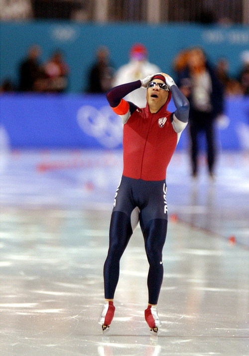 Danny La | Tribune file photo
The USA's Derek Parra reacts after breaking the 1500 meter world record with a time of 1:43.95 and also capturing the gold medal during the 2002 Winter Games.