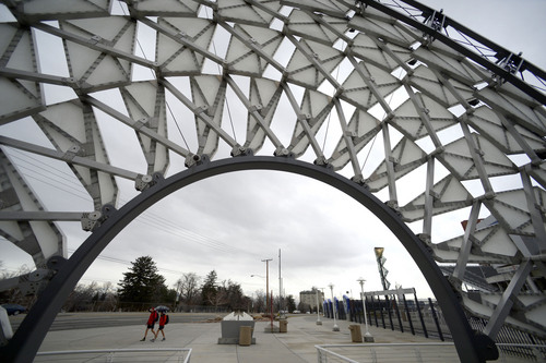 Al Hartmann  |  The Salt Lake Tribune 
The Hoberman Arch that was the backdrop for the presentation of medals at the 2002 Salt Lake Winter Olympics resides on the southeast side of Rice-Eccles football stadium. The current Salt Lake City Council is lamenting the fact that there is no Olympic Legacy Park downtown. The Salt Lake Organizing Committee was ready to donate $10 million for such a park after the 2002 Winter Games. There is renewed interest in a downtown Olympic Park.