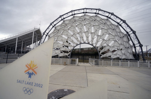 Al Hartmann  |  The Salt Lake Tribune 
The Hoberman Arch that was the backdrop for the presentation of medals at the 2002 Salt Lake Winter Olympics resides on the southeast side of Rice-Eccles Stadium. The current Salt Lake City Council is lamenting the fact that there is no Olympic Legacy Park downtown. The Salt Lake Organizing Committee was ready to donate $10 million for such a park after the 2002 Winter Games. There is renewed interest in a downtown Olympic Park.