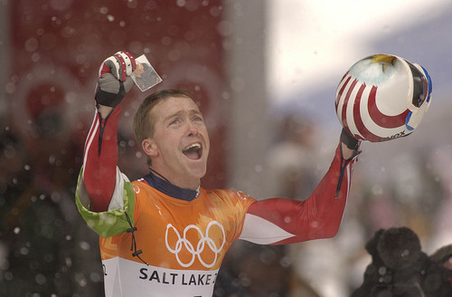 Francisco Kjolseth | Tribune file photo
Jim Shea of the United States, a third generation Olympian, holds a picture of his grandfather, after capturing the gold in the men's skeleton at the Utah Olympic Park during the 2002 Winter Olympics.