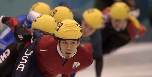 Trent Nelson | Tribune file photo
USA skater Apolo Anton Ohno leads the pack in the mens 1500m qualifying round at the Salt Lake Ice Center during the 2002 Winter Olympics.