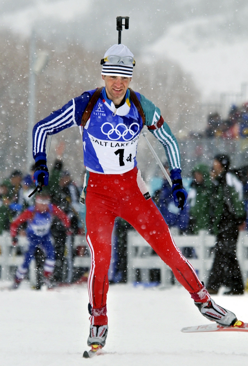 Al Hartmann | Tribune file photo
Norway's Ole Einar Bjoerndalen skis the final leg of the men's 4x7.5K biathon relay on his way to a team gold medal during the 2002 Winter Olympics.