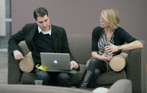 Al Hartmann  |  The Salt Lake Tribune
Matt Mateus and Kassandra Verbrugghen of Spy Hop Productions study up before their presentation to judges at the 2014 Utah Fund Social Investors Forum sponsored by Westminster College Friday February 14, 2014. The Utah charitable foundation will be awarding $50,000 to six nonprofits in Utah.