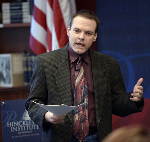 Al Hartmann  |  The Salt Lake Tribune
Protect Our Neighborhood Elections, public relations director James Humpherys speaks to students at the University of Utah's  Hinckley Institute of Politics Monday January 13.  He provided a counter argument to the Count My Vote Initiative.