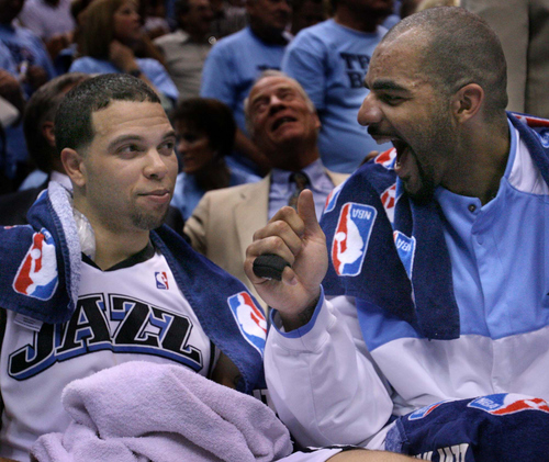 Utah Jazz point guard Deron Williams, left, and power forward Carlos Boozer watch from the bench late in a game against San Antonio as the Jazz lead 105-82 in the 2007 Western Conference Finals.
The Salt Lake Tribune/Trent Nelson