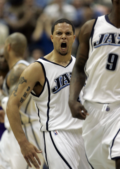 Jazz guard Deron Williams yells during Game 6 of the Western Conference playoffs against the L.A. Lakers at EnergySolutions Arena in Salt Lake City, Utah, Friday, May 16, 2008.

Trent Nelson/The Salt Lake Tribune