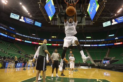 Rick Egan  | The Salt Lake Tribune 

Jeremy Evans dunks the ball during warm ups before the Jazz faced the Brooklyn Nets, at the EnergySolutions Arena, Wednesday, February 19, 2014.