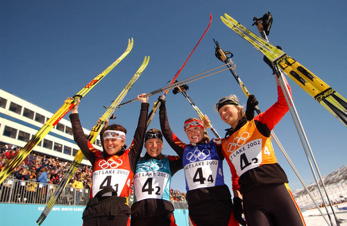 |  Tribune file photo

Celebrating their gold medal effort, Germany's Manuela Henkel, Viola Bauer, Evi Sachenbacher and Claudia Kuenzel, from left, finished the Women's 4 by 5 km Relay at Soldier Hollow in 49:30.6 on Thursday, Feb. 21, 2002.