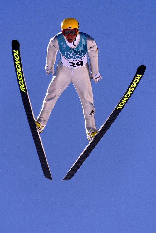 Trent Nelson | Tribune file photo
German Ronny Ackermann competes in the men's sprint K120 nordic combined ski jump during the 2002 Winter Olympics.