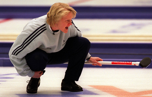Grayson West  |  Tribune file photo

Skip Rhona Martin of team Great Britain yells orders to sweepers during their match against Switzerland in the final round of curling at the Ice Sheet in Ogden. Martin led her team to gold defeating Switzerland 4 to 3.