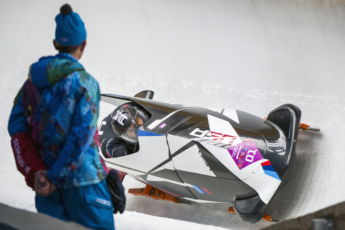 KRASNAYA POLYANA, RUSSIA  - JANUARY 17:
USA-1, piloted by Steven Holcomb and brakeman Steven Langton, competes in the men's two-man bobsled at Sanki Sliding Center during the 2014 Sochi Olympics Monday February 17, 2014. USA-1 with Steven Holcomb, of Park City, Utah, and Steve Langton, of Melrose, Mass., won the bronze medal with a time of 3:46.27.
(Photo by Chris Detrick/The Salt Lake Tribune)