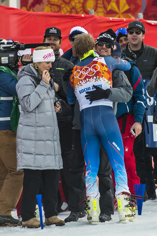 KRASNAYA POLYANA, RUSSIA  - JANUARY 19:
Ted Ligety, of Park City, hugs his dad Bill Ligety after winning the Men's Giant Slalom at Rosa Khutor Alpine Center during the 2014 Sochi Olympics Wednesday February 19, 2014. Ligety won the gold medal with a cumulative time of 2:45.29.
(Photo by Chris Detrick/The Salt Lake Tribune)