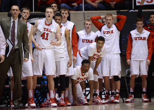 Steve Griffin  |  The Salt Lake Tribune


Players get off the bench as they nervously watch the final seconds of regulation during second half action in the Utah versus Arizona basketball game at the Huntsman Center in Salt Lake City, Utah Thursday, February 20, 2014.