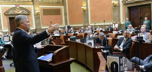 Al Hartmann  |  The Salt Lake Tribune
Congressman Jim Matheson makes his last remarks as a Utah congressman to the Utah House of Representatives Thursday February 20.  He will not run for reelection in 2014.