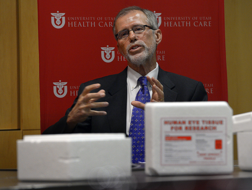 Scott Sommerdorf   |  The Salt Lake Tribune
Larry A. Wheeler, Ph.D., of Allergan Inc., describes the collaboration between The University of Utah's John A. Moran Eye Center and Allergan Inc. in a new partnership to research a leading cause of blindness, age-related macular degeneration, Thursday, Feb. 20, 2014.
