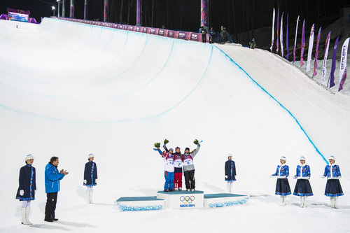 KRASNAYA POLYANA, RUSSIA  - JANUARY 20:
Maddie Bowman of the United States, center, celebrates after winning the gold medal in the women's ski halfpipe final, with silver medalist Marie Martinod of France, left, and bronze medalist Japan's Ayana Onozuka, right, at Rosa Khutor Extreme Park during the 2014 Sochi Olympics Thursday February 20, 2014. Bowman won the gold medal with a score of 89.0.
(Photo by Chris Detrick/The Salt Lake Tribune)