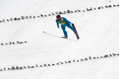 KRASNAYA POLYANA, RUSSIA  - JANUARY 20:
America's Taylor Fletcher competes in the Nordic Combined Team Gundersen LH during the 2014 Sochi Olympics Thursday February 20, 2014. Fletcher jumped 112.5 meters. 
(Photo by Chris Detrick/The Salt Lake Tribune)