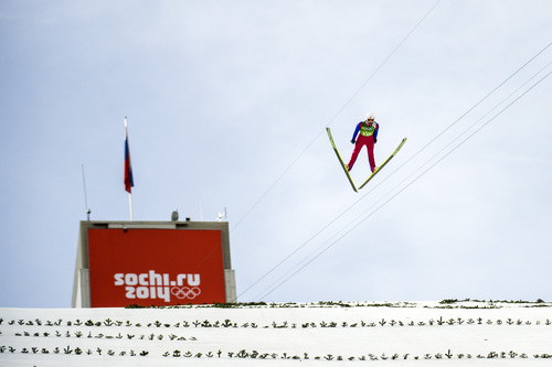 KRASNAYA POLYANA, RUSSIA  - JANUARY 20:
Norway's Magnus Krog competes in the Nordic Combined Team Gundersen LH during the 2014 Sochi Olympics Thursday February 20, 2014. jumped meters. Krog jumped 124.5 meters. 
(Photo by Chris Detrick/The Salt Lake Tribune)