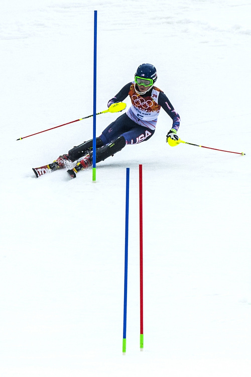 KRASNAYA POLYANA, RUSSIA  - JANUARY 21:
Mikaela Shiffrin, of Eagle-Vail, Colo., competes in run 1 of the women's slalom competition at Rosa Khutor Alpine Center during the 2014 Sochi Olympics Friday February 21, 2014. Shiffrin is currently winning with a time of 52.62.
(Photo by Chris Detrick/The Salt Lake Tribune)