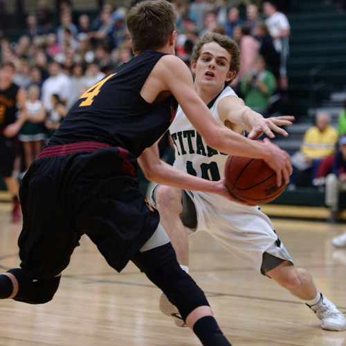 Steve Griffin  |  The Salt Lake Tribune


Olympus guard Seth Cross tries to steal the ball from Mountain View guard Wyatt Allred during game at Olympus High School in Salt Lake City, Utah Tuesday, February 18, 2014.