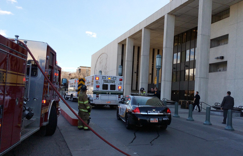 Steve Griffin | The Salt Lake Tribune

Hazmat crews respond to the LDS Church office building in downtown Salt Lake City, February 21, 2014, after people were exposed to a suspicious powder.