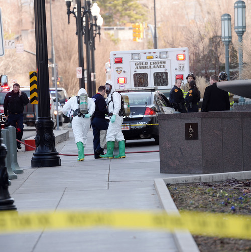 Steve Griffin  |  The Salt Lake Tribune


A Salt Lake City Fire Department HazMat Crew prepares to enter the LDS Church Office Building in downtown Salt Lake City, Utah Friday, February 21, 2014 after white powder was found in an envelope inside the building.