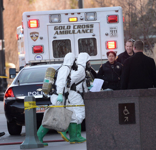 Steve Griffin  |  The Salt Lake Tribune


A Salt Lake City Fire Department HazMat Crew enters the LDS Church Office Building in downtown Salt Lake City, Utah Friday, February 21, 2014 after white powder was found in an envelope inside the building.