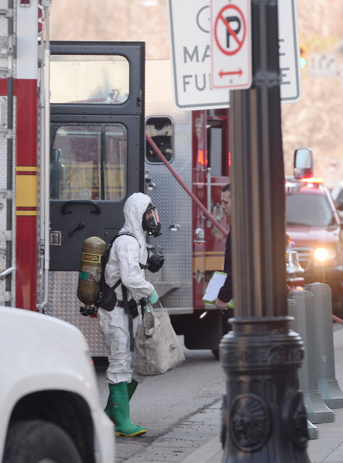 Steve Griffin  |  The Salt Lake Tribune


A Salt Lake City Fire Department HazMat Crew prepares to enter the LDS Church Office Building in downtown Salt Lake City, Utah Friday, February 21, 2014 after white powder was found in an envelope inside the building.