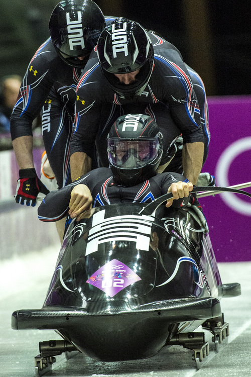 KRASNAYA POLYANA, RUSSIA  - JANUARY 22:
Night Train 2, piloted by Steven Holcomb and pushed by Chris Fogt, Curtis Tomasevicz, Steve Langton, compete in the four-man bobsled at Sanki Sliding Center during the 2014 Sochi Olympics Saturday February 22, 2014. After the first run, they are in third place with a time of 54.89. 
(Photo by Chris Detrick/The Salt Lake Tribune)