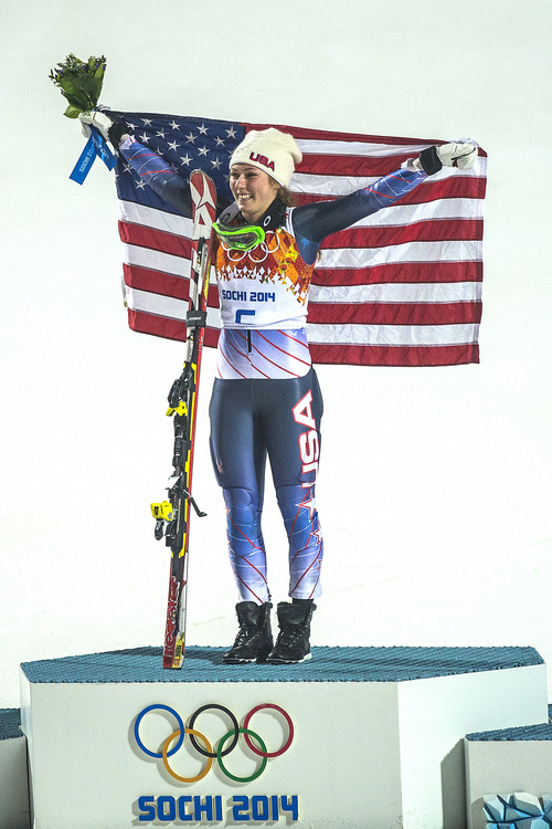 KRASNAYA POLYANA, RUSSIA  - JANUARY 21:
Mikaela Shiffrin, of Eagle-Vail, Colo., celebrates after winning the women's slalom competition at Rosa Khutor Alpine Center during the 2014 Sochi Olympics Friday February 21, 2014. Shiffrin won the gold medal with a total time of 1:44.54. 
(Photo by Chris Detrick/The Salt Lake Tribune)