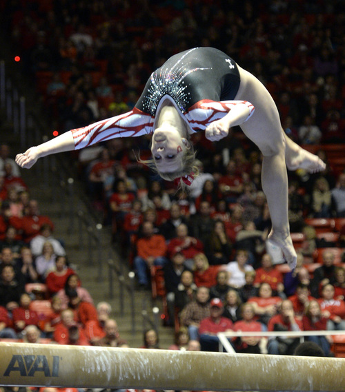 Rick Egan  | The Salt Lake Tribune 

Tory Wilson competes on the beam for the Utes, in gymnastics action, Utah vs. Oregon State, at the Huntsman Center, Saturday, February 22, 2014.