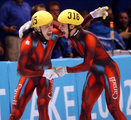 Rick Egan  |  Tribune file photo
Marc Gagnon, left, and Jonathan Gilmette of Canada celebrate Gagnon's win in the 500-meter race during the 2002 Salt Lake Games.