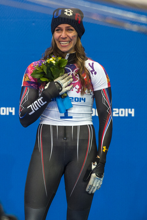 KRASNAYA POLYANA, RUSSIA  - JANUARY 14:
Noelle Pikus-Pace celebrates after winning the silver medal in the women's skeleton competition at Sanki Sliding Center during the 2014 Sochi Olympics Friday February 14, 2014. Pikus-Pace finished with a time of 3:53.86.
(Photo by Chris Detrick/The Salt Lake Tribune)