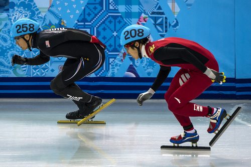 Chris Detrick  |  The Salt Lake Tribune

J.R. Celski, of Salt Lake City, and Dequan Chen, of China, (208) compete in the 1,500-meter short-track speedskating finals at Iceberg Skating Palace during the 2014 Sochi Olympic Games Monday Feb. 10, 2014. Celski finished in fourth place with a time of 2:15.624, 0.639 behind gold medalist Charles Hamelin of Canada.
