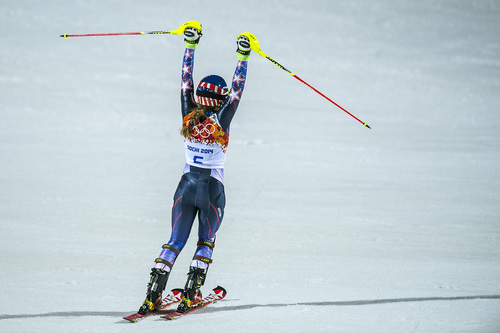KRASNAYA POLYANA, RUSSIA  - JANUARY 21:
Mikaela Shiffrin, of Eagle-Vail, Colo., celebrates after winning the women's slalom competition at Rosa Khutor Alpine Center during the 2014 Sochi Olympics Friday February 21, 2014. Shiffrin won the gold medal with a total time of 1:44.54. 
(Photo by Chris Detrick/The Salt Lake Tribune)
