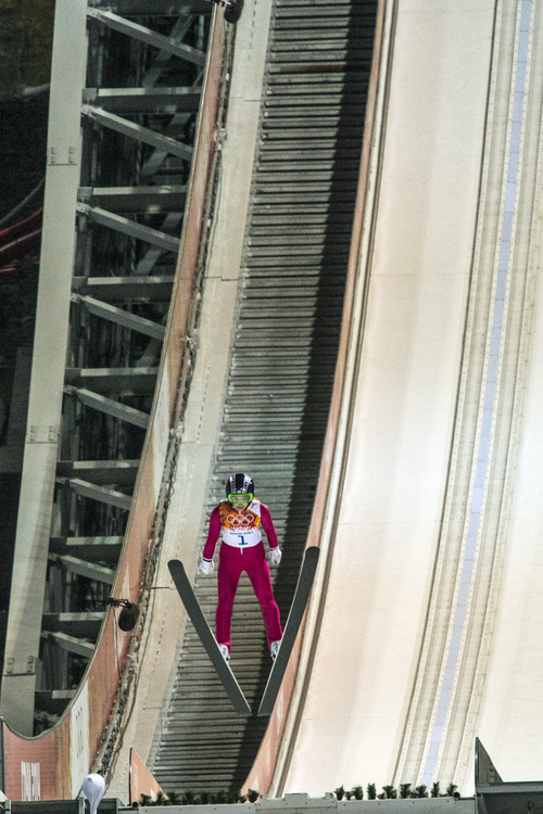 KRASNAYA POLYANA, RUSSIA  - JANUARY 11:
Park City's Sarah Hendrickson competes in the women's ski jumping competition at the Gorki Ski Jumping Center during the 2014 Sochi Olympic Games Tuesday February 11, 2014. Hendrickson finished in 21st place with a 217.6.
(Photo by Chris Detrick/The Salt Lake Tribune)
