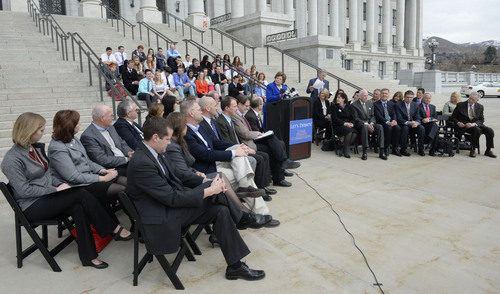 Steve Griffin  |  The Salt Lake Tribune


Former Gov. Olene Walker talks during announcement of the formation of the "Utah Debate Commission," an independent and bipartisan group that will plan, host, produce, and televise debates among candidates for statewide and federal office. The event was held on the Utah State Capitol Steps in Salt Lake City, Utah Monday, February 24, 2014.