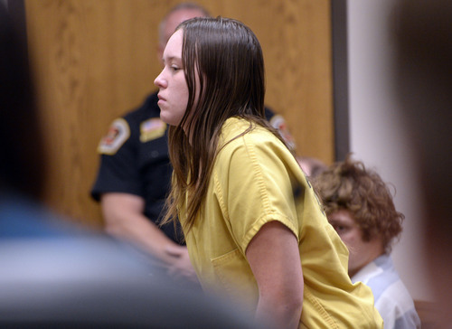 Al Hartmann  |  The Salt Lake Tribune 
17-year-old Meagan Grunwald, who has been charged as an adult in the shootings of two Utah deputies, makes her first appearance in Judge Darold McDade's in Provo, Utah, on Monday, February 24, 2014.