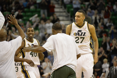 Rick Egan  | The Salt Lake Tribune 

Utah Jazz small forward Jeremy Evans (40) and Utah Jazz center Rudy Gobert (27) celebrate after Evans hit a big basket to put the Jazz up by 5 in Overime, in the the 89-83 Jazz win in over time, in NBA action, as the Jazz faced the Chicago Bulls, at the EnergySolutions Arena, Monday, November 25, 2013.