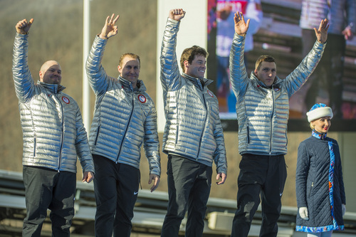 KRASNAYA POLYANA, RUSSIA  - JANUARY 23:
USA's Steven Holcomb, Chris Fogt, Curtis Tomasevicz, and Steve Langton, celebrate during the medal ceremony at the finish of the four-man bobsled at Sanki Sliding Center during the 2014 Sochi Olympics Sunday February 23, 2014. They won the bronze medal with a cumulative time of 3:40.99. 
(Photo by Chris Detrick/The Salt Lake Tribune)