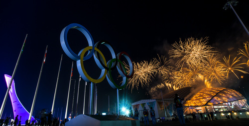 SOCHI, RUSSIA  - JANUARY 23:
Fireworks explode during the Closing Ceremony of the 2014 Sochi Olympics outside of Fisht Olympic Stadium Sunday February 23, 2014. 
(Photo by Chris Detrick/The Salt Lake Tribune)