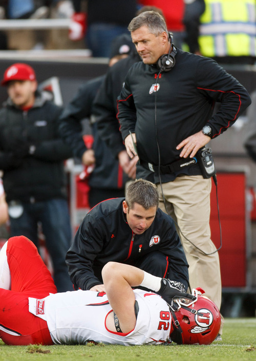 Trent Nelson  |  The Salt Lake Tribune
Utah Utes head coach Kyle Whittingham stands over an injured Utah Utes tight end Jake Murphy (82) after Murphy put a hard block on a Colorado player that led to a Travis Wilson (7) touchdown as the Colorado Buffaloes host the University of Utah Utes, college football Friday November 23, 2012 in Boulder.