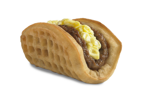 This undated product image provided by Taco Bell, shows the company's new waffle taco.  The fast-food chain says the waffle taco, which includes scrambled eggs, sausage and a side of syrup, was the top seller during breakfast hours at the five Southern California restaurants where they were tested earlier this year. (AP Photo/Taco Bell)
