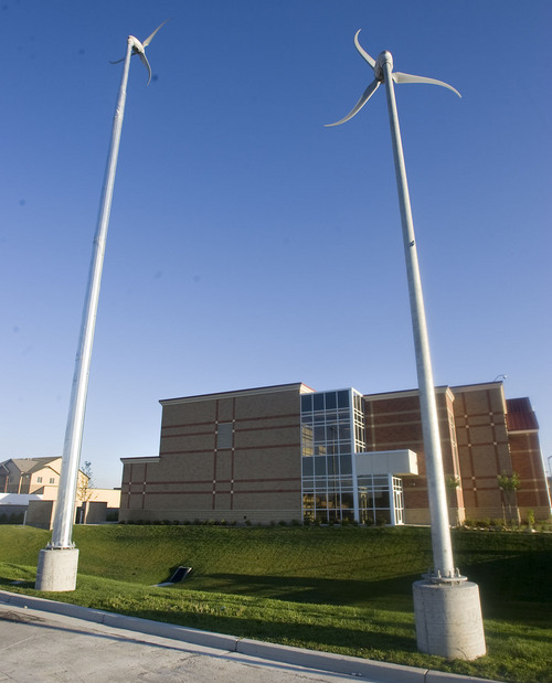 Al Hartmann   |  The Salt Lake Tribune 
The brand-new River's Edge School  at 319 West 11000 South, South Jordan is designed to be as energy efficient as possible. The building features windmills, geothermal heating, and solar panels.   Jordan School District officials are hoping that this school could serve as a model for future cost-effective, "green" schools throughout the district.