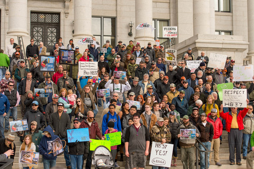 Trent Nelson  |  The Salt Lake Tribune
Anglers gather on the south steps of the Capitol in Salt Lake City on Tuesday in support of Rep. Dixon Pitcher's HB37, which would restore open access to Utah's waterways.