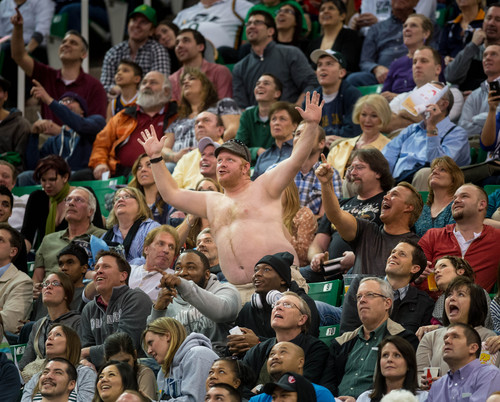 Trent Nelson  |  The Salt Lake Tribune
A Jazz fan dances to music during a timeout as the Utah Jazz host the Phoenix Suns, NBA Basketball in Salt Lake City, Wednesday, February 26, 2014.