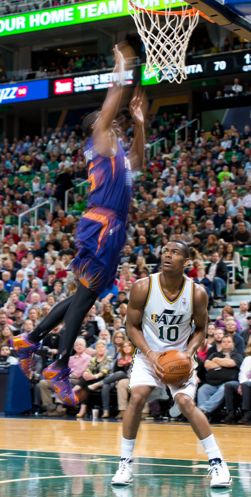 Trent Nelson  |  The Salt Lake Tribune
Utah Jazz point guard Alec Burks (10) waits for Phoenix Suns shooting guard Dionte Christmas (25) to fly by before taking the shot as the Utah Jazz host the Phoenix Suns, NBA Basketball in Salt Lake City, Wednesday, February 26, 2014.