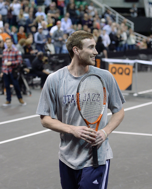 Steve Griffin  |  The Salt Lake Tribune


 Utah Jazz player Gordon Hayward smiles after hitting a few balls with Jim Courier during the Champions Challenge tournament, a 12-city tour, at EnergySolutions Arena Tuesday night. in Salt Lake City, Utah Tuesday, February 25, 2014.
